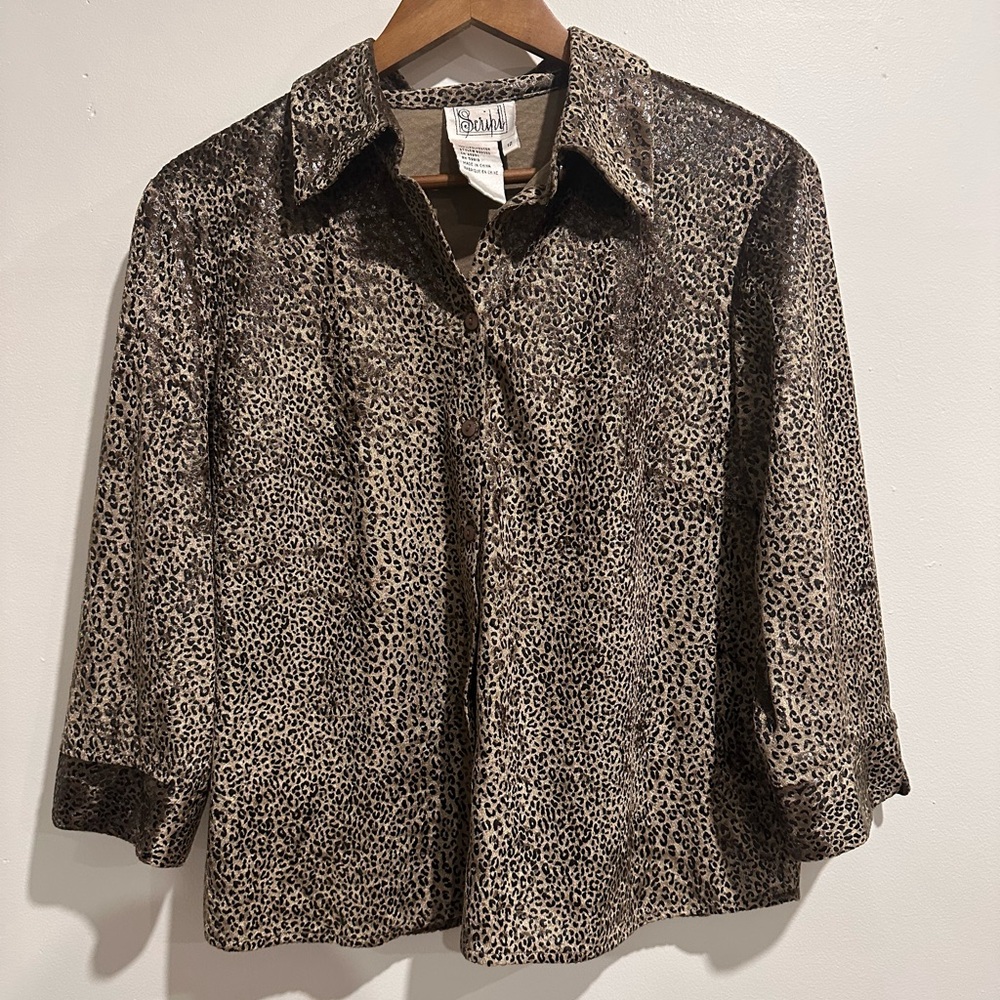 SCRIPT Vintage Velvet Cheetah‎ Print Collared Button Down Size 12